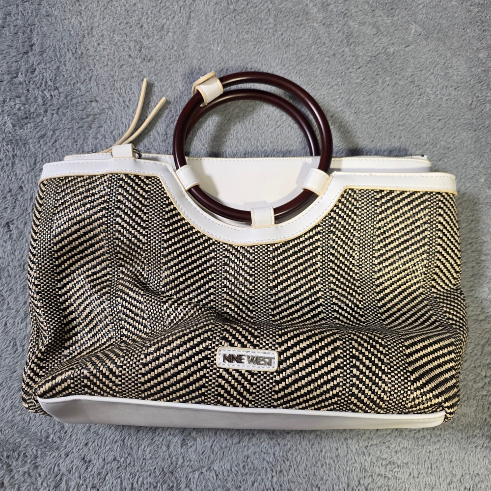 Nine West Womens Large Satchel Black White‎ Woven Chevron Ring Handle Tote